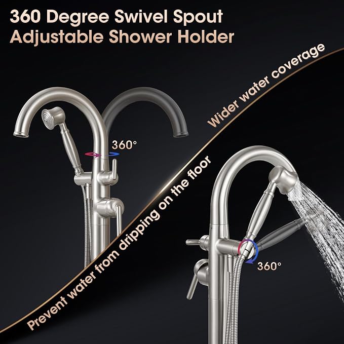 Brushed Nickel Freestanding Bathtub Faucet, Brass Floor Mount Tub Faucet High - Image 4
