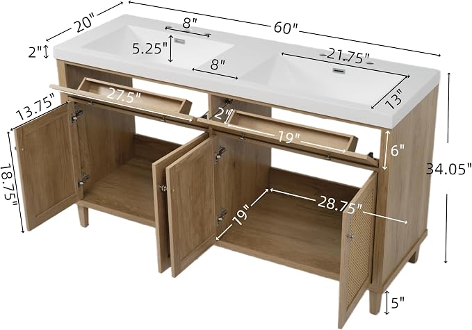 60 Inch Bathroom Vanity with Double SMC Sink Combo Set, Large Double Sink - Image 2