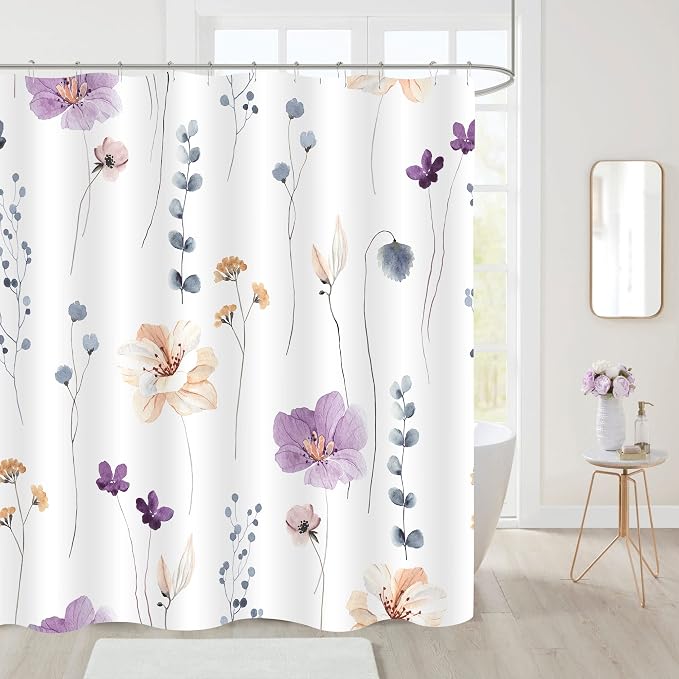 Gibelle Extra Long Shower Curtain 72 x 84, Watercolor Floral Fabric Shower - Image 2