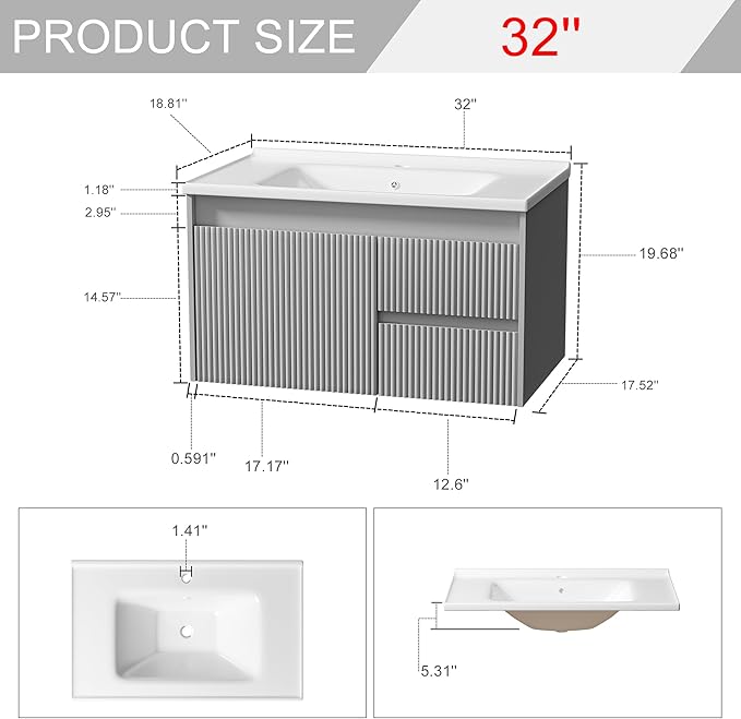 Floating Bathroom Vanity with Sink, 32 Inch Wall Mounted Bathroom Vanity with 2 - Image 2