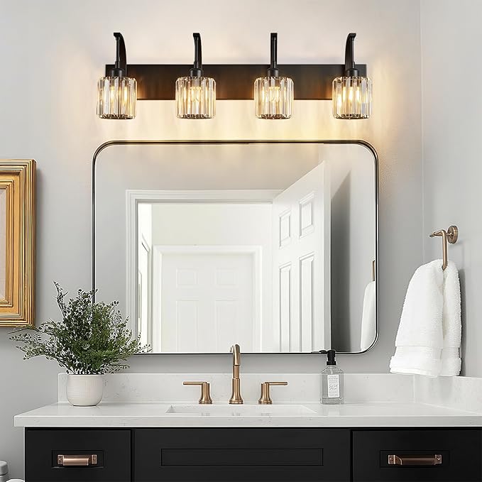 4-Light Crystal Vanity Light, Modern Black Bathroom Wall Sconce - Image 3