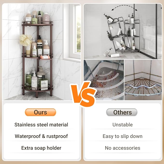 ELYKEN Corner Shower Caddy Standing, 3 Tier Rustproof Metal Shower Organizer - Image 7