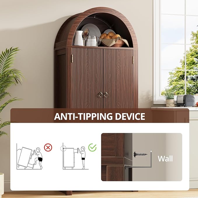 71" Tall Arched Kitchen Pantry, Wood Kitchen Storage Cabinet - Image 7