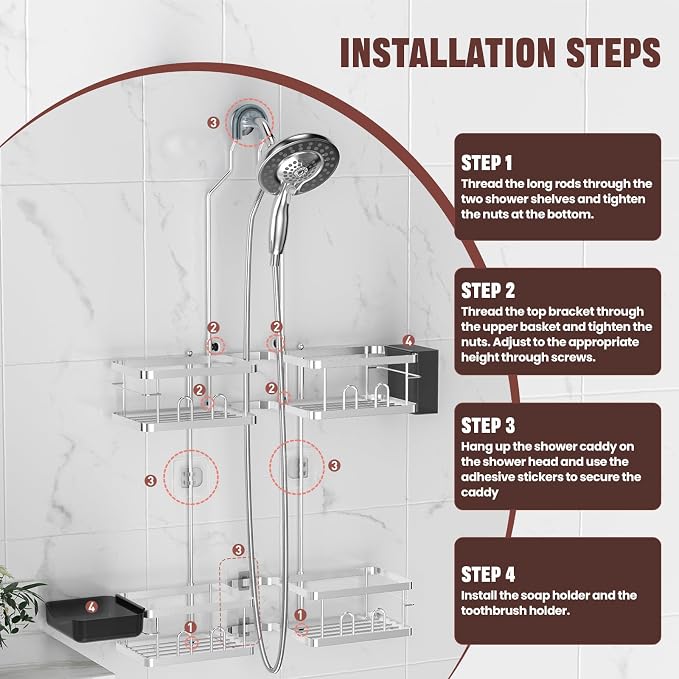 REINHARDT Adjustable Shower Caddy Hanging Rustproof Shower Caddy - Image 6