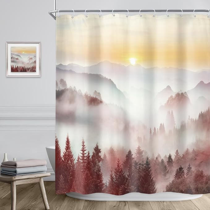 Riyidecor Misty Mountain Shower Curtain 60Wx72H Inch Red Sunrise Nature Scenery - Image 3