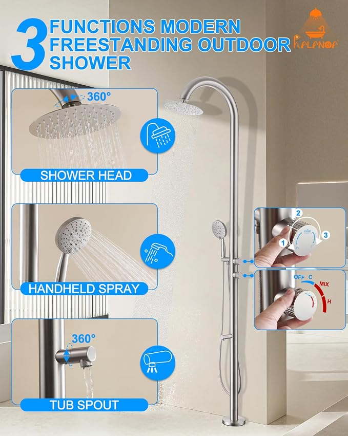 Free Standing Outdoor Shower Stainless Steel, 5-Function Nickel Shower Kit - Image 2