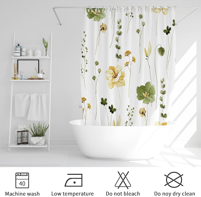 Gibelle Watercolor Floral Shower Curtain, Olive Green Beige Flower Shower - Image 6