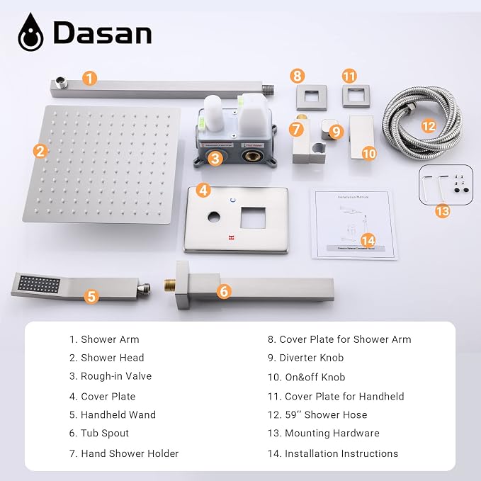 DASAN Tub Shower Faucets Sets Complete Brushed Nickel Bathtub Shower System - Image 7