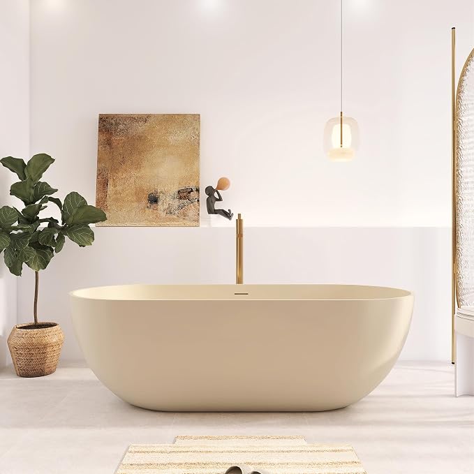 69" Premium Cream Stone Resin Solid Surface Free Standing Bathtub, Unique Matte by HIGEINE