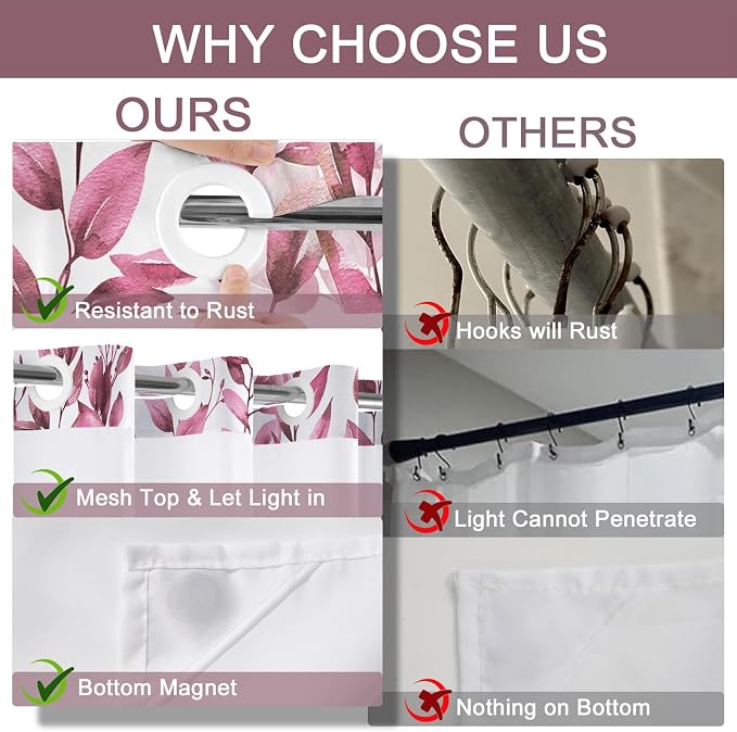 No Hook Shower Curtain and Liner Set, Dark Red Eucalyptus Floral Shower Curtains - Image 5