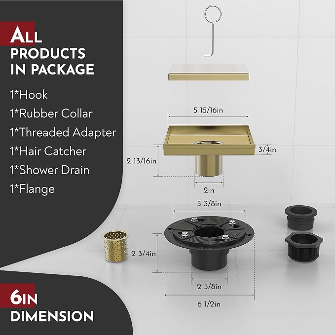 WEBANG 6 Inch Square Shower Drain Gold Floor Drain - Image 2