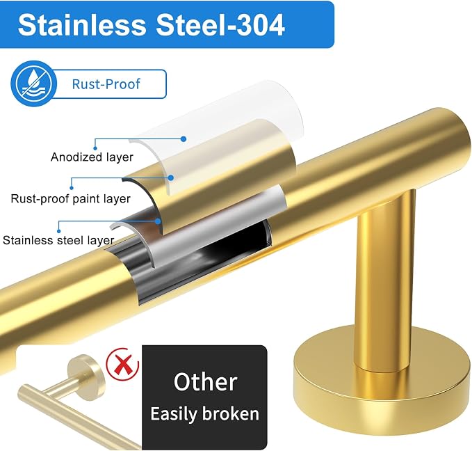 24 Inch Brushed Gold Towel Bar for Bathroom Wall, SUS304 Stainless Steel - Image 2