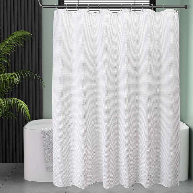 AmazerBath White Shower Curtain Fabric, Waffle Shower Curtain Polyester by AmazerBath