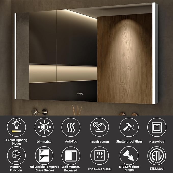 Medicine Cabinet with LED Lights and Mirror, 60 x 32 Inch Surface or Recessed - Image 3