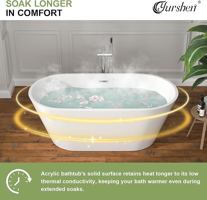 59 Inch Freestanding Acrylic Bathtub White Roll Top Soaking Tub - Image 5