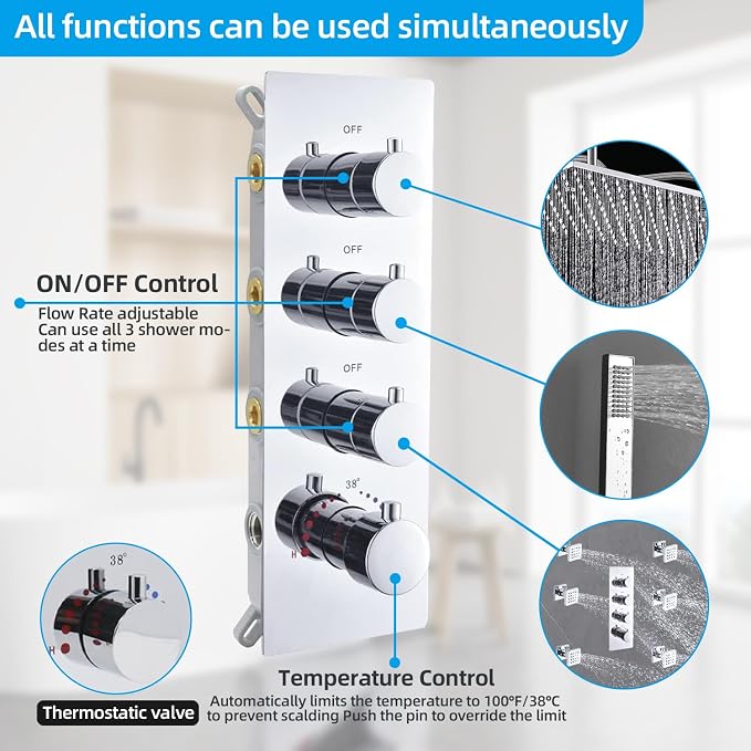 Bathroom Shower System, 16X32 inches Ceiling Mount Thermostatic Large Rain - Image 2