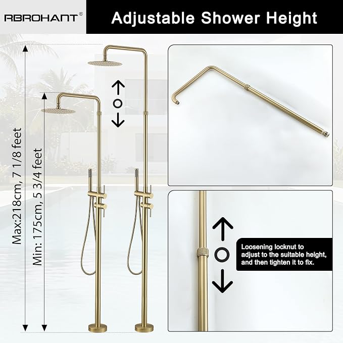 RBROHANT Freestanding Outdoor Shower Gold, Height Adjustable Stainless Steel - Image 3