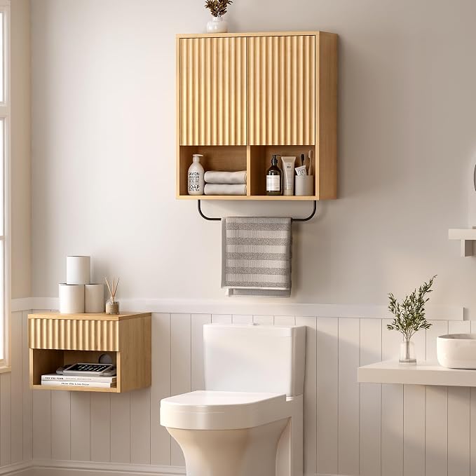 Fluted Wall Cabinet Set of 2, Wooden Bathroom Medicine Cabinet Storage - Image 3