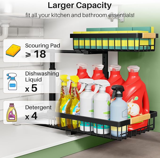 Pull out Cabinet Organizer, 2 Tier Under Sink Organizer, Slide out Metal - Image 3