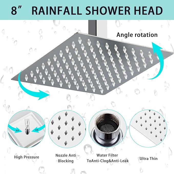8 Inch Ceiling Mount Shower Faucet Set, Polish Chrome Rainfall Shower System - Image 2