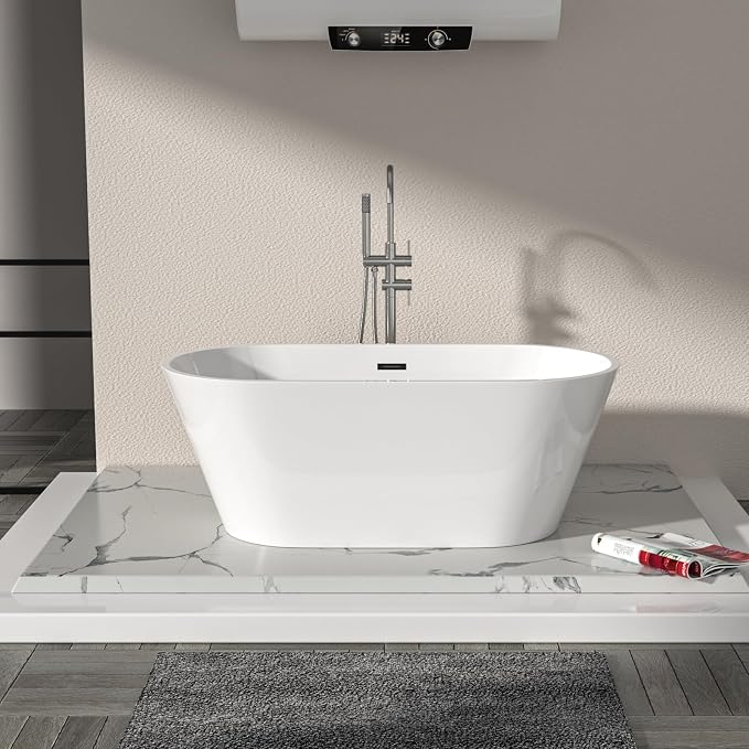 Logmey 59 Inch White Acrylic Freestanding Bathtub Oval Shape Soaking Tub - Image 2