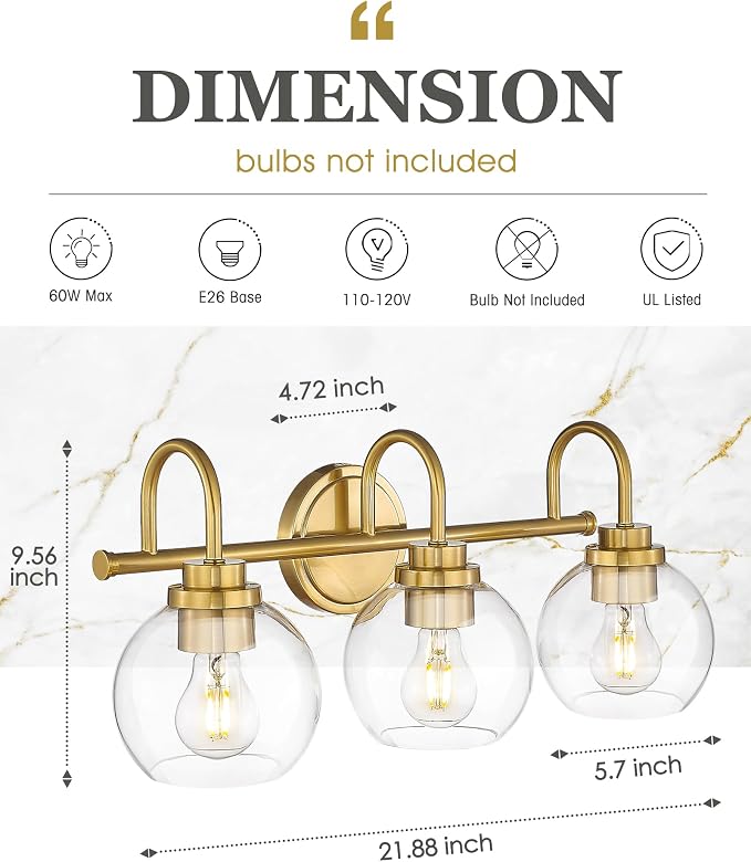 Bathroom Light Fixtures, 3-Light Brushed Gold Vanity Lights - Image 2