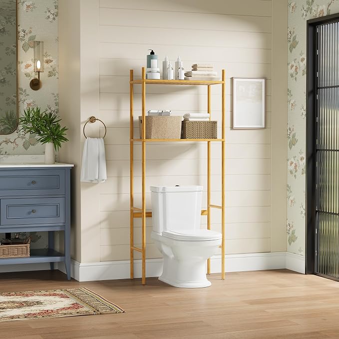 2 Tier Over The Toilet Organizer Rack Bamboo, Freestanding Bathroom Toilet by Unknown