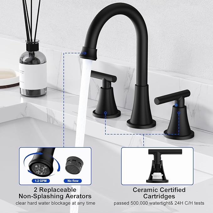 Bathroom Faucets for Sink 3 Hole, Hurran Matte Black Bathroom Sink Faucet - Image 4