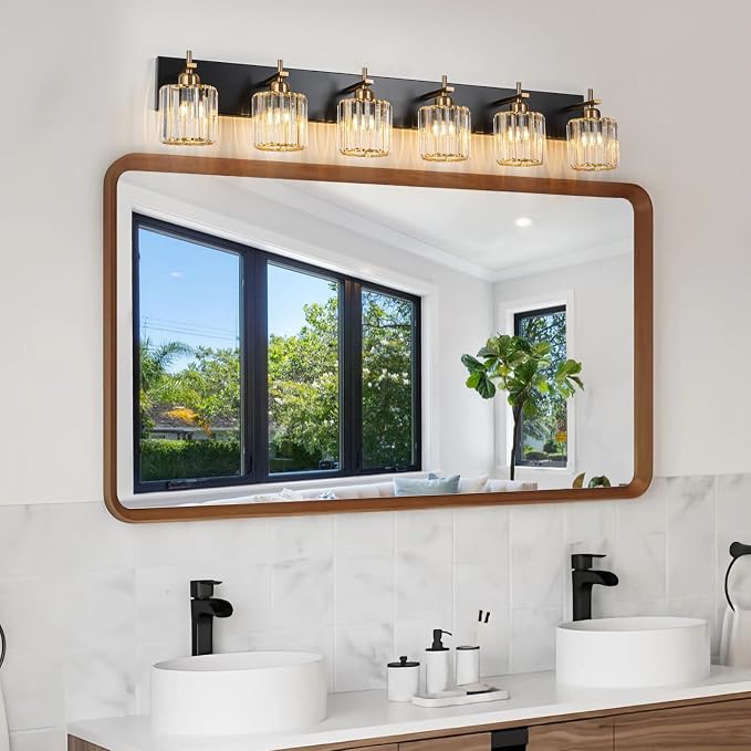 6-Light Crystal Bathroom Vanity Light, Modern Black Gold Bathroom Light - Image 6