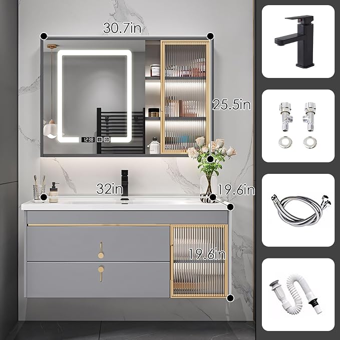 32" Bathroom Vanity with Sink, Floating Bathroom Cabinet Include Smart LED - Image 2