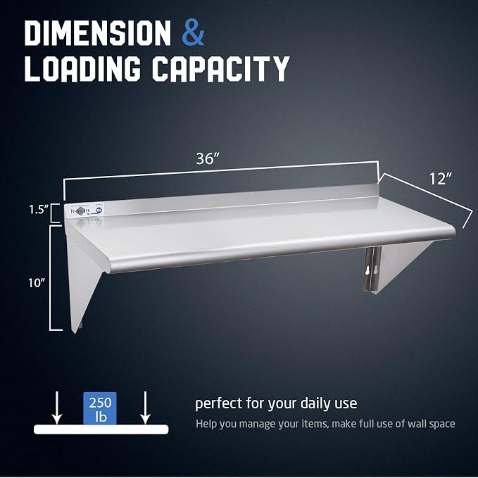 Profeeshaw NSF Stainless Steel Shelf 12” x 36”, 250 lb Commercial Shelves Wall - Image 3