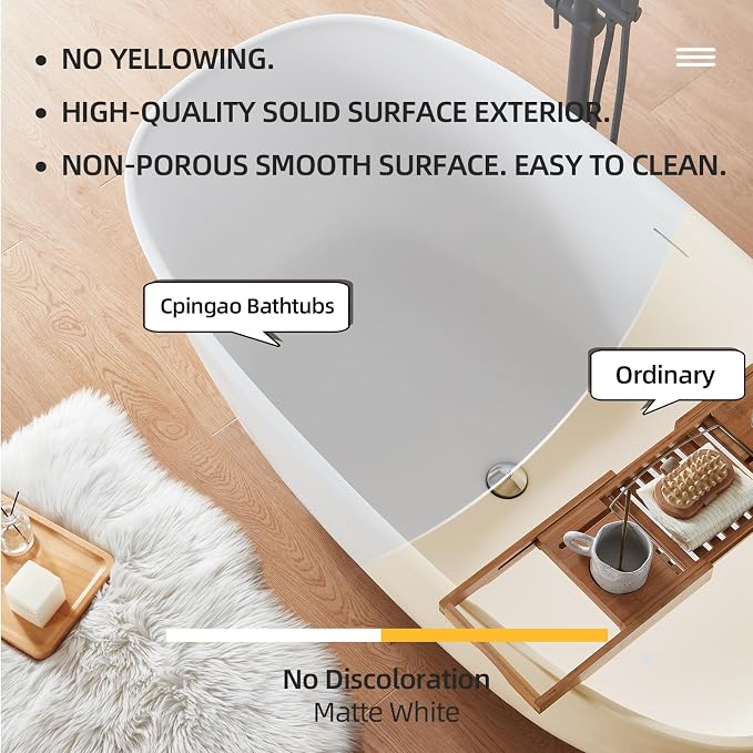 Cpingao Stone Resin Solid Surface Freestanding Bathtub, Modern Elegant Design - Image 9