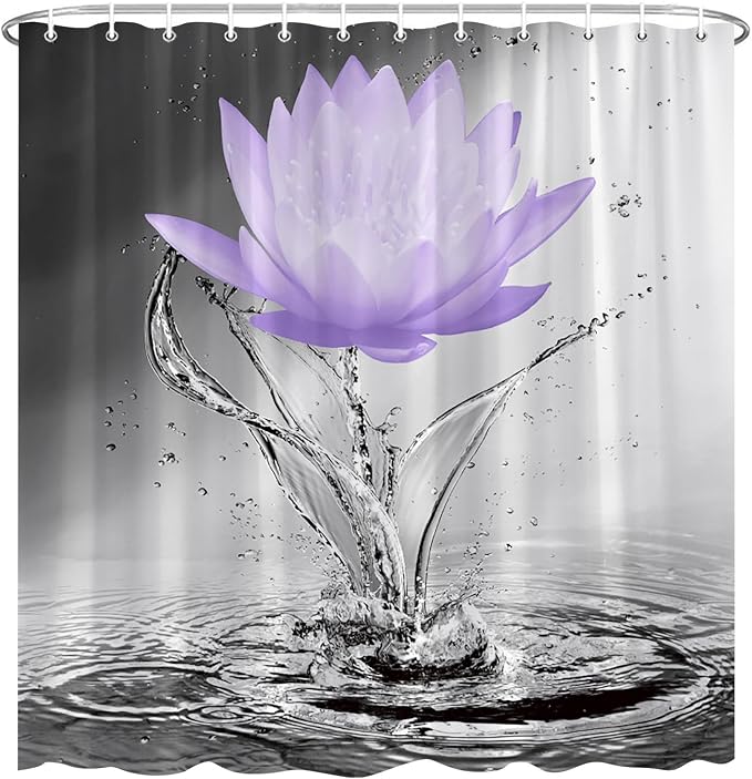 Lotus Shower Curtain Black White Grey Violet Flower Elegant Blooming Floral - Image 2