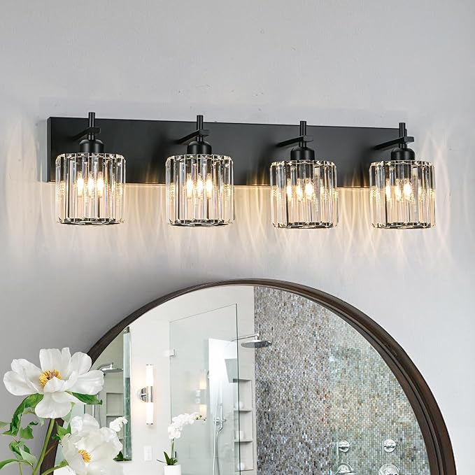 Black Crystal Bathroom Vanity Lights, Modern 4-Lights Bathroom Lighting by HUOKU