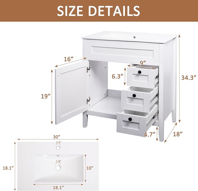 30 inch Bathroom Vanity with Sink, Freestanding Vanity - Image 2