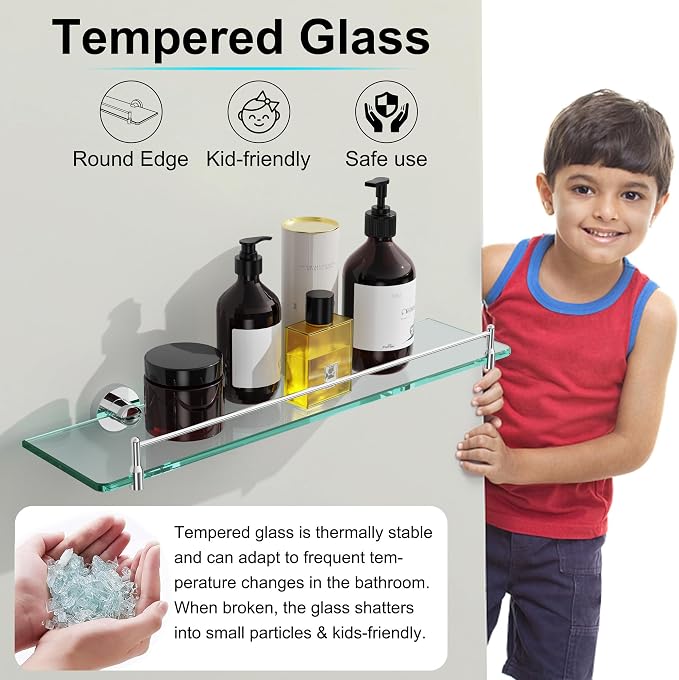 20 Inches Glass Shelves for Bathroom, Chrome Polished Floating Glass Shelf - Image 6
