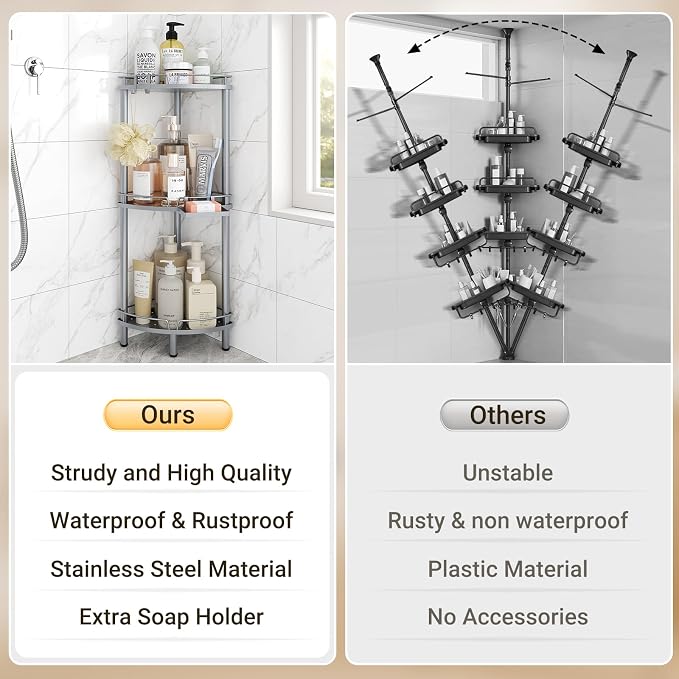 ELYKEN Corner Shower Caddy Standing, 3 Tier Rustproof Metal Shower Organizer - Image 7