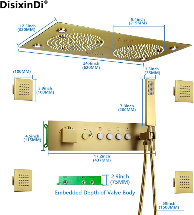 Brushed Gold Thermostatic Rain LED Shower System - Image 5