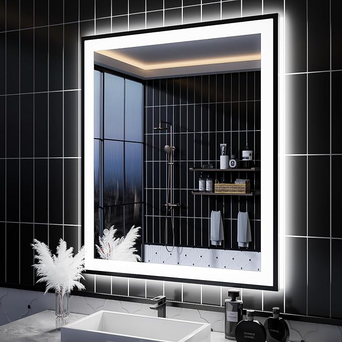 ISKM Framed LED Mirror for Bathroom 36"x28", Dimmable LED Bathroom Mirror by ISKM-IStillKeepMovin