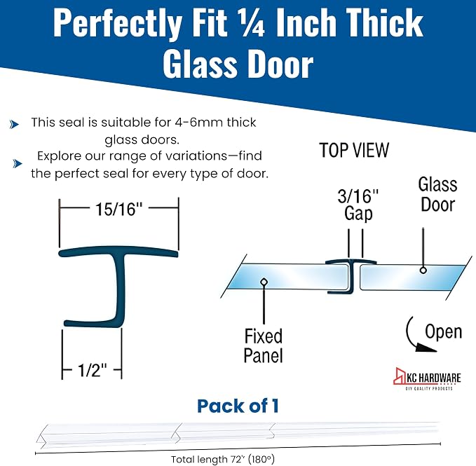 Frameless Shower Door Side Seal Strip H-Type 180 Degree 72 inch Length - Image 3