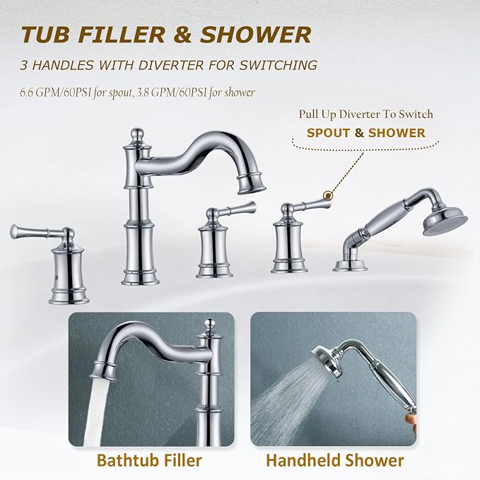 Roman Tub Faucet Set With Handheld Shower 5 Hole Deck Mount Tub Filler With - Image 3