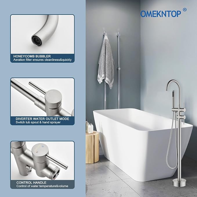 Freestanding Bathtub Faucet Floor Mount Tub Filler Brush Nickel, OMEKNTOP - Image 2