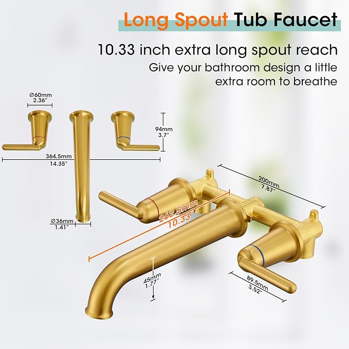 Wall Mount Tub Filler Long Spout Reach Faucet - Image 6