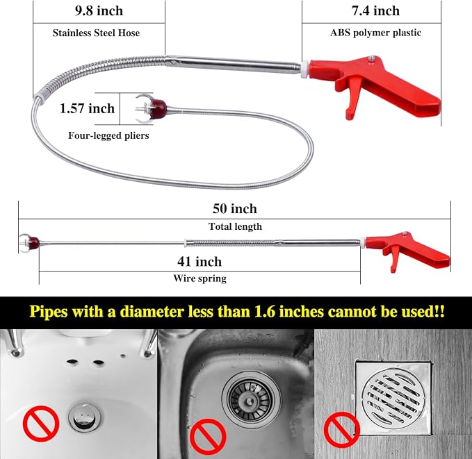 50 Inch Toilet Snake Drain Auger Cleaner Tool, Upgraded Grabber Unclogger Tool - Image 5