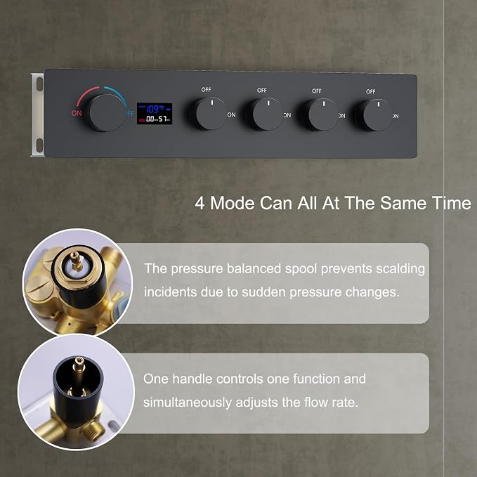 Matte Black 16X24 inch Ceiling Mounted Rain Shower Head System, Digital Display - Image 3