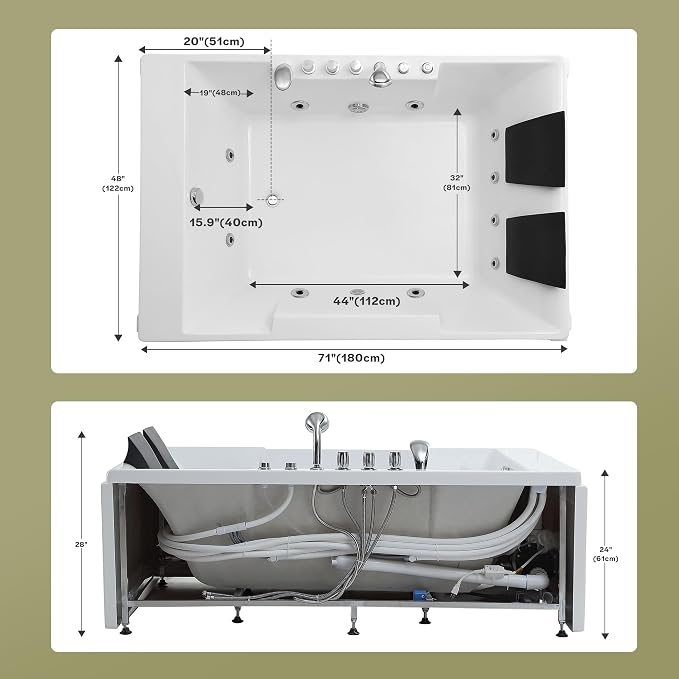 Empava 72" x 48" Whirlpool Tub, 2 Person Jetted Bathtub, Hydro Massage & - Image 5