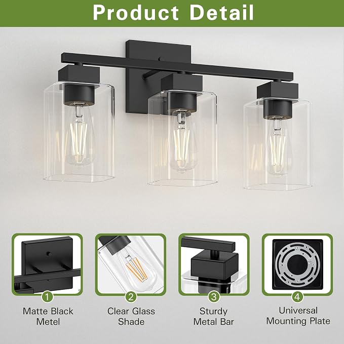 Espird Matte Black Bathroom Vanity Light, 3-Light Vanity Lighting fixtures Over - Image 3
