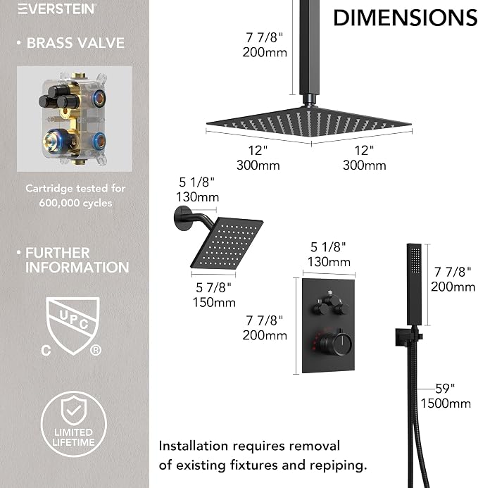 Ceiling Mount 12" High-Pressure Rainfall Shower Faucet, Dual Rainfall Shower - Image 6