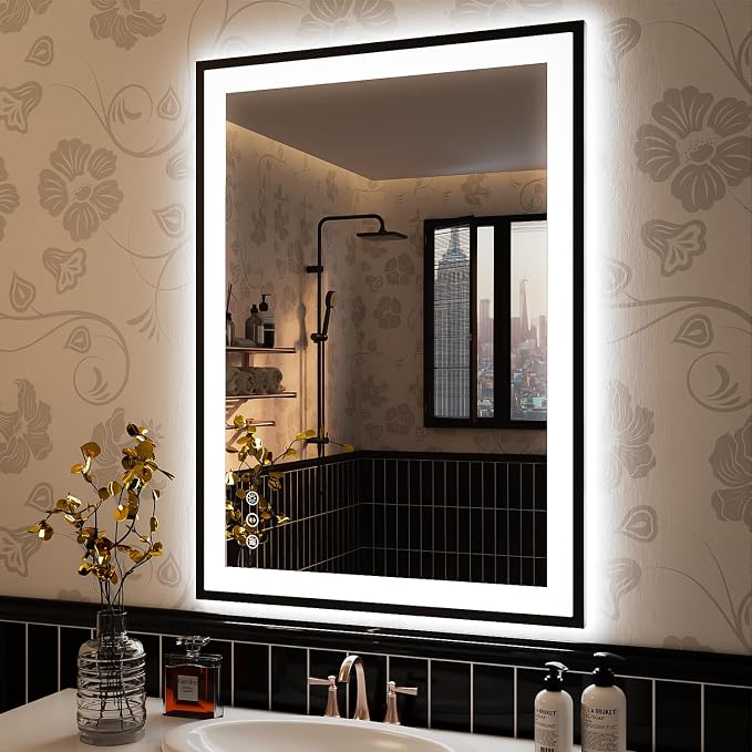 ISKM Framed LED Mirror for Bathroom 36"x24", Dimmable LED Bathroom Mirror by ISKM-IStillKeepMovin