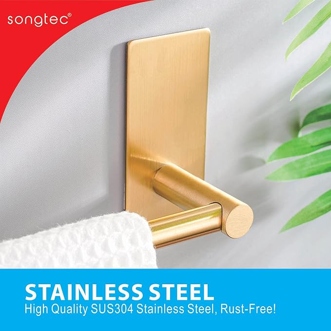 Songtec Gold Towel Bar 12-Inch, Adhesive Stick On Bath Towel Rack No Drill - Image 6